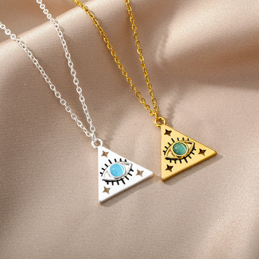 All-Seeing Triangle Pyramid Design Blue Opal Evil Eye Necklace